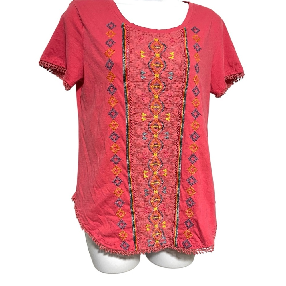 Sundance Coral Embroidered Beaded Short Sleeve Tunic Size Small 100% Cotton